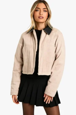Up To 80% Off Winter Warmers|Coats & Jackets*boohoo Contrast Collar Washed Look Barn Jacket stone