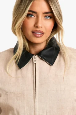 Up To 80% Off Winter Warmers|Coats & Jackets*boohoo Contrast Collar Washed Look Barn Jacket stone