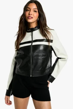 Up To 80% Off Winter Warmers|Biker Jackets*boohoo Contrast Detail Faux Leather Moto Jacket black