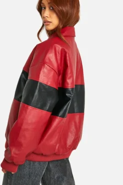 Up To 80% Off Winter Warmers|Bomber Jackets*boohoo Contrast Detail Oversized Faux Leather Bomber Jacket red
