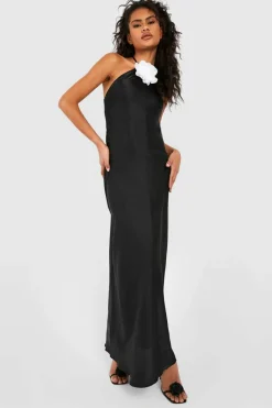 Cami Dresses*boohoo Contrast Flower Satin Slip Dress black