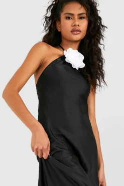 Cami Dresses*boohoo Contrast Flower Satin Slip Dress black