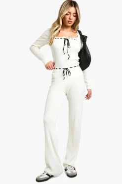 Knitted Co-Ords|Knitwear*boohoo Contrast Lace Up Detail Rib Knit Co-ord ivory