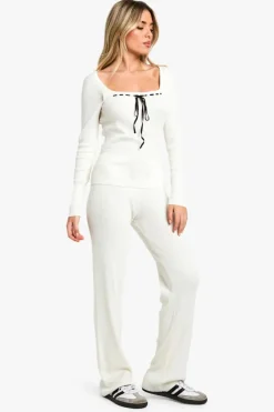 Knitted Co-Ords|Knitwear*boohoo Contrast Lace Up Detail Rib Knit Co-ord ivory