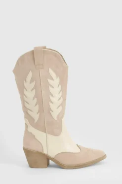 Knee High Boots|Cowboy Boots*boohoo Contrast Panel Knee High Western Boots beige