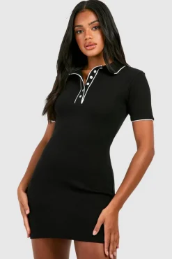 Bodycon Dresses|Mini Dresses*boohoo Contrast Rib Button Down Collared Mini Dress black