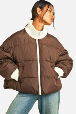 Up To 80% Off Winter Warmers|Puffer Jackets*boohoo Contrast Rib Puffer Jacket chocolate