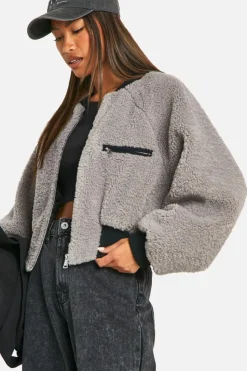 Up To 80% Off Winter Warmers|Bomber Jackets*boohoo Contrast Rib Teddy Bomber Jacket grey