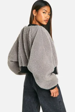 Up To 80% Off Winter Warmers|Bomber Jackets*boohoo Contrast Rib Teddy Bomber Jacket grey
