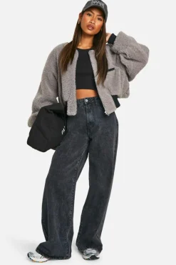 Up To 80% Off Winter Warmers|Bomber Jackets*boohoo Contrast Rib Teddy Bomber Jacket grey