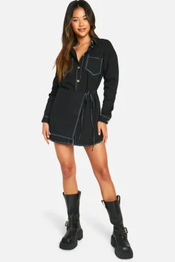 Shirt Dresses|Wrap Dresses*boohoo Contrast Seam Wrap Shirt Dress black
