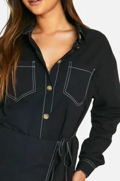 Shirt Dresses|Wrap Dresses*boohoo Contrast Seam Wrap Shirt Dress black