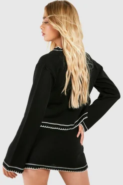 Knitted Co-Ords|Skirts*boohoo Contrast Stitch 3 Piece Knitted Cardigan, Crop Top And Mini Skirt Set black
