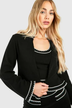 Knitted Co-Ords|Skirts*boohoo Contrast Stitch 3 Piece Knitted Cardigan, Crop Top And Mini Skirt Set black