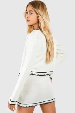 Knitted Co-Ords|Bottoms*boohoo Contrast Stitch 3 Piece Knitted Cardigan, Crop Top And Mini Skirt Set ecru
