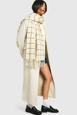 Hats & Gloves|Hats & Gloves*boohoo Contrast Stitch Checked Scarf cream
