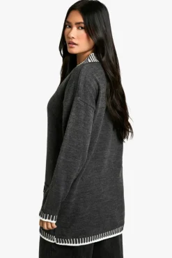 Cardigans*boohoo Contrast Stitch Oversized Knitted Cardigan charcoal
