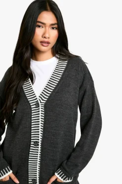 Cardigans*boohoo Contrast Stitch Oversized Knitted Cardigan charcoal