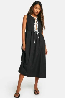 Smock Dresses|Midi Dresses*boohoo Contrast Tie Front Woven Midi Dress black