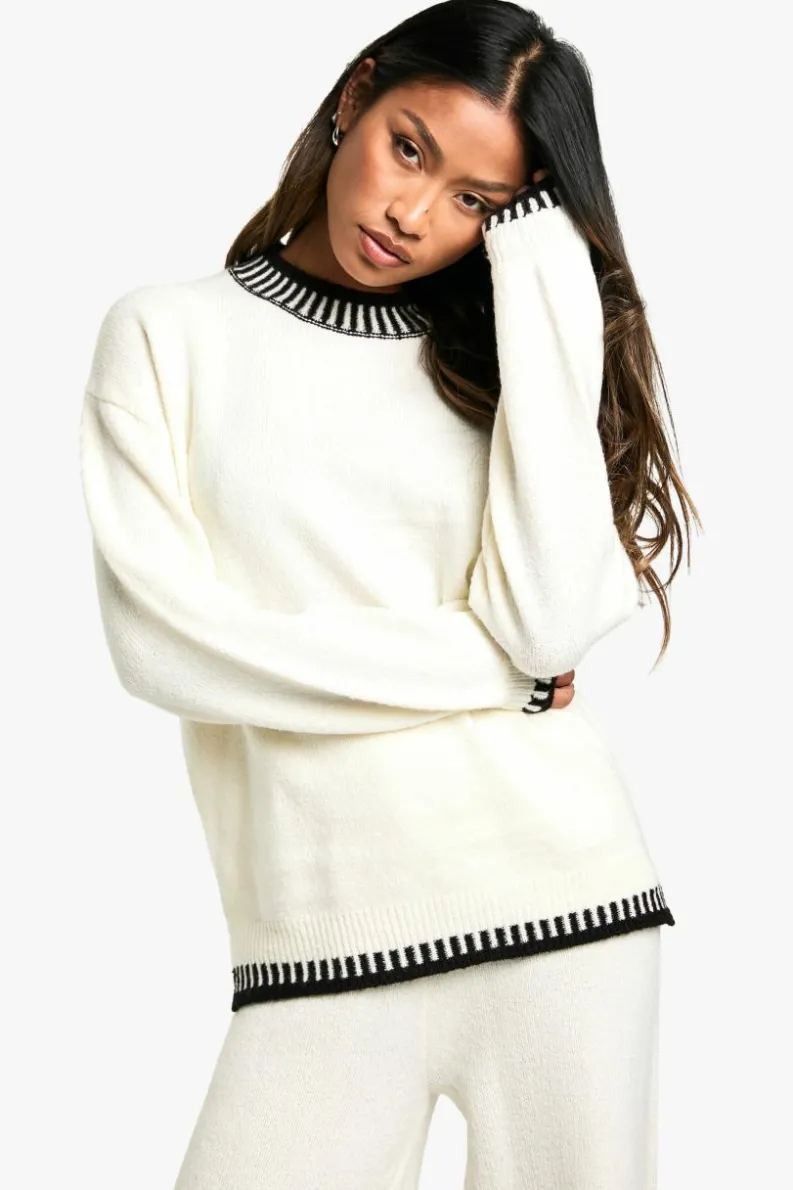 Knitted Co-Ords|Co-Ord Sets*boohoo Contrast Trim Jumper And Wide Leg Trouser Knitted Co-ord ecru