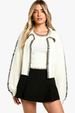 Knitted Co-Ords|Cardigans*boohoo Contrast Trim Knitted Crop Top And Cardigan Co-ord ecru