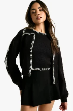 Cardigans|Knitted Co-Ords*boohoo Contrast Trim Knitted Crop Top And Cardigan Co-ord black