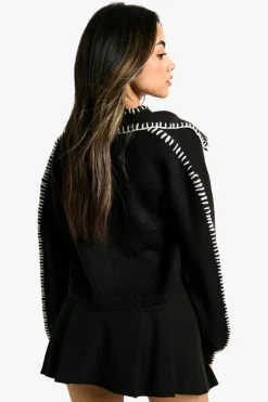Cardigans|Knitted Co-Ords*boohoo Contrast Trim Knitted Crop Top And Cardigan Co-ord black