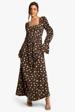 Skater Dresses*boohoo Corset Floral Print Puff Sleeve Milkmaid Maxi Dress brown
