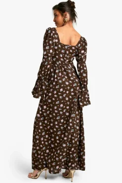 Skater Dresses*boohoo Corset Floral Print Puff Sleeve Milkmaid Maxi Dress brown