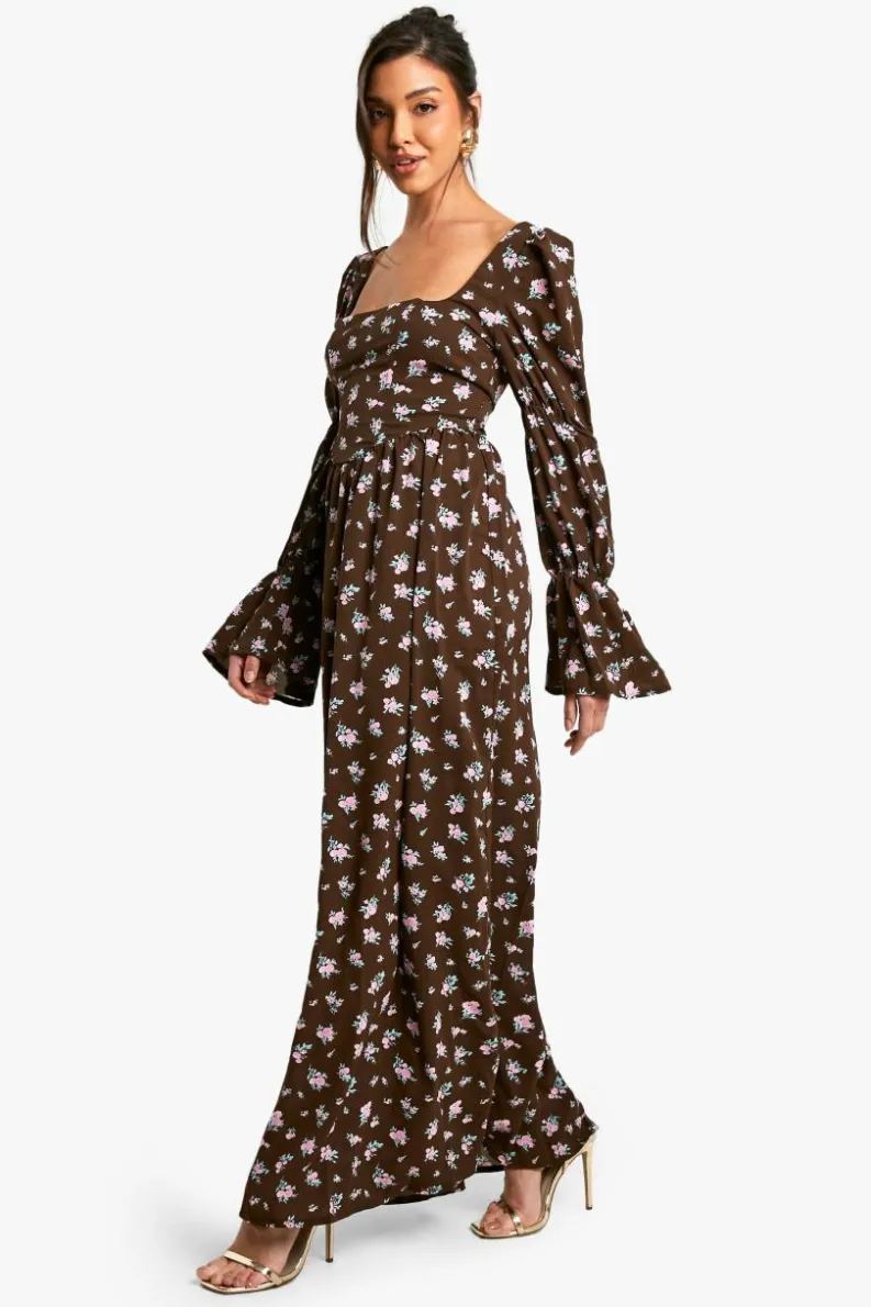 Skater Dresses*boohoo Corset Floral Print Puff Sleeve Milkmaid Maxi Dress brown