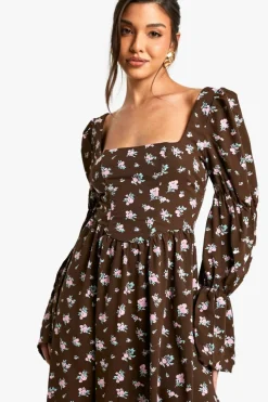 Skater Dresses*boohoo Corset Floral Print Puff Sleeve Milkmaid Maxi Dress brown
