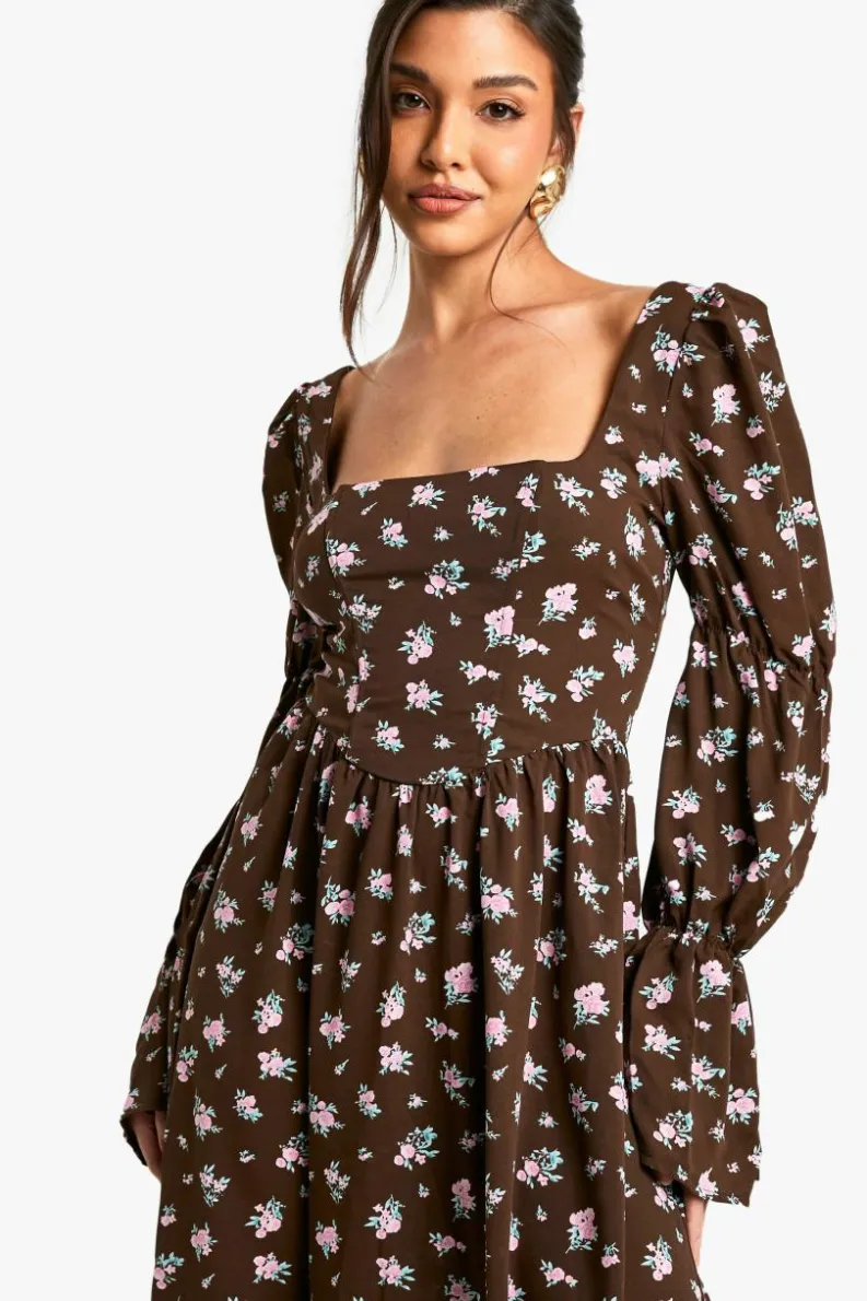 Skater Dresses*boohoo Corset Floral Print Puff Sleeve Milkmaid Maxi Dress brown