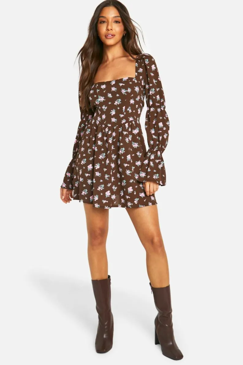 Skater Dresses|Mini Dresses*boohoo Corset Floral Print Puff Sleeve Milkmaid Skater Dress brown