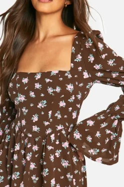 Skater Dresses|Mini Dresses*boohoo Corset Floral Print Puff Sleeve Milkmaid Skater Dress brown