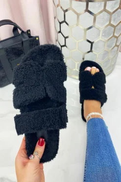 Sandals*Love Lemonade Cosy Teddy Slip On H Sliders Black