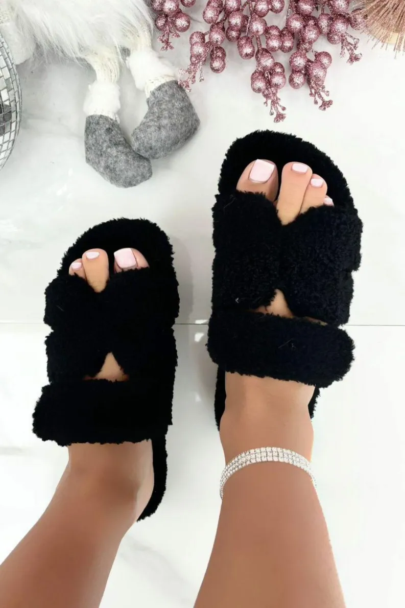 Sandals*Love Lemonade Cosy Teddy Slip On H Sliders Black