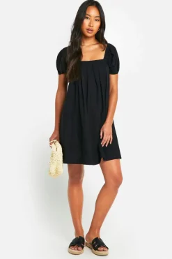 Smock Dresses*boohoo Cotton Blend Puff Sleeve Smock Dress black