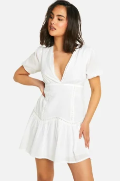 Smock Dresses*boohoo Cotton Dobby Crochet Mini Dress white