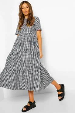 Smock Dresses|Midi Dresses*boohoo Cotton Gingham Midaxi Smock Dress black