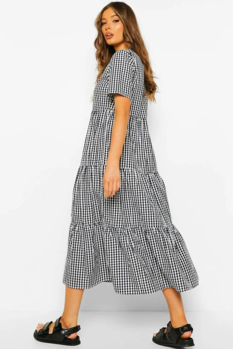 Smock Dresses|Midi Dresses*boohoo Cotton Gingham Midaxi Smock Dress black