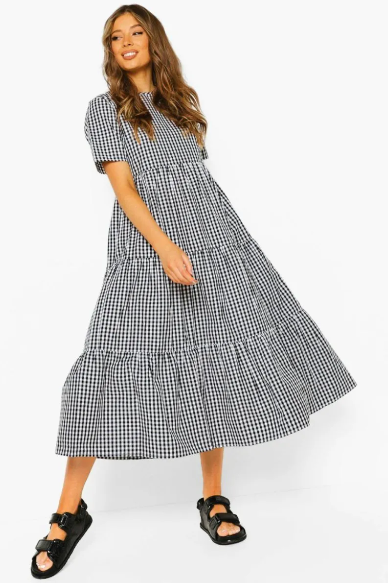 Smock Dresses|Midi Dresses*boohoo Cotton Gingham Midaxi Smock Dress black