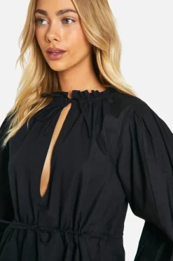 Smock Dresses*boohoo Cotton Poplin Ruched Smock Dress black