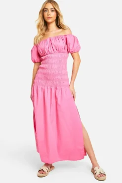 Smock Dresses*boohoo Cotton Poplin Shirred Puff Sleeve Maxi Dress pink