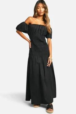Smock Dresses*boohoo Cotton Poplin Shirred Puff Sleeve Maxi Dress black