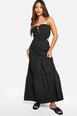 Smock Dresses*boohoo Cotton Poplin Tiered Maxi Dress black