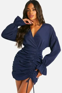 Shirt Dresses|Wrap Dresses*boohoo Cotton Ruched Wrap Shirt Dress navy