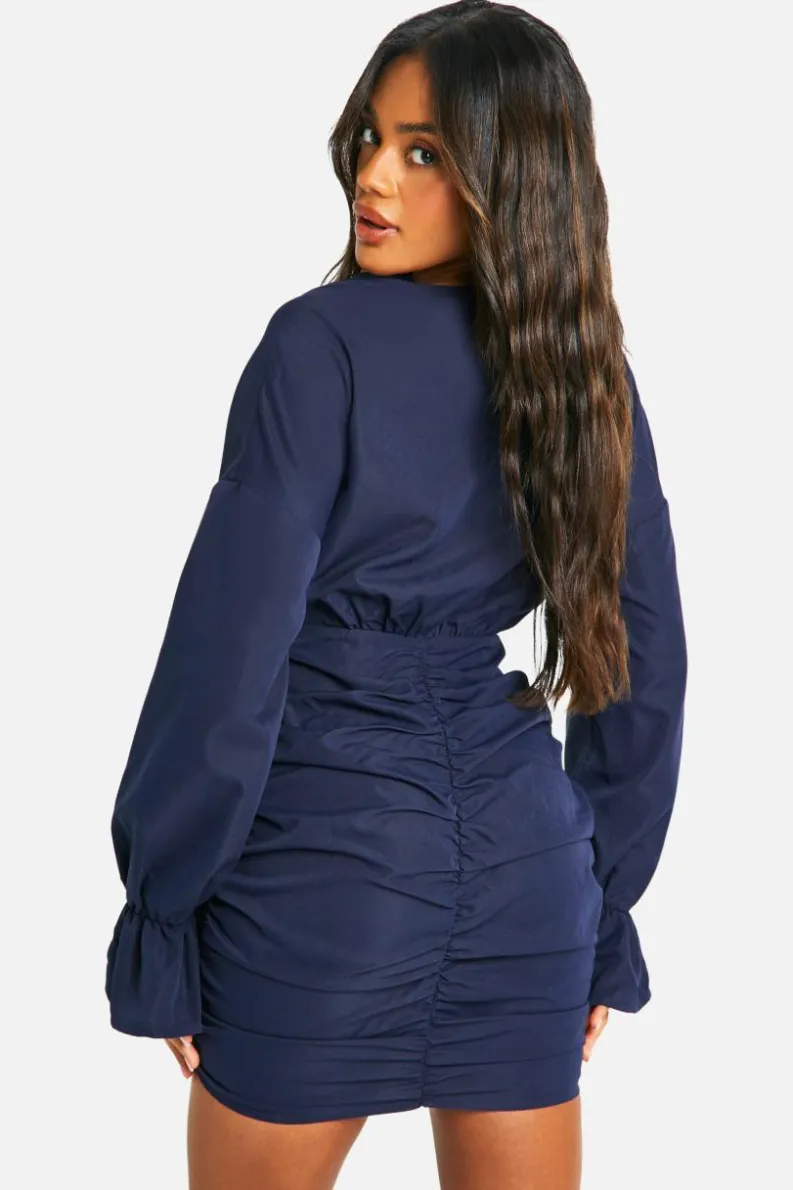 Shirt Dresses|Wrap Dresses*boohoo Cotton Ruched Wrap Shirt Dress navy