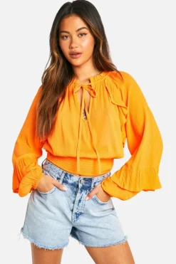 Long Sleeve Tops*boohoo Cotton Ruffle Long Sleeve Top orange