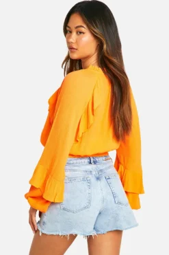 Long Sleeve Tops*boohoo Cotton Ruffle Long Sleeve Top orange