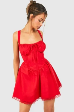 Skater Dresses*boohoo Cotton Strappy Milkmaid Mini Dress red